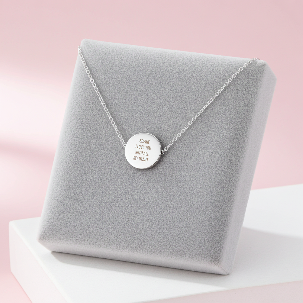 Personalised Silver Tone Necklace | Engraved Pendant & Keepsake Sentiment Card Gift Box - Artfully Curated Creations and identify whats in the image