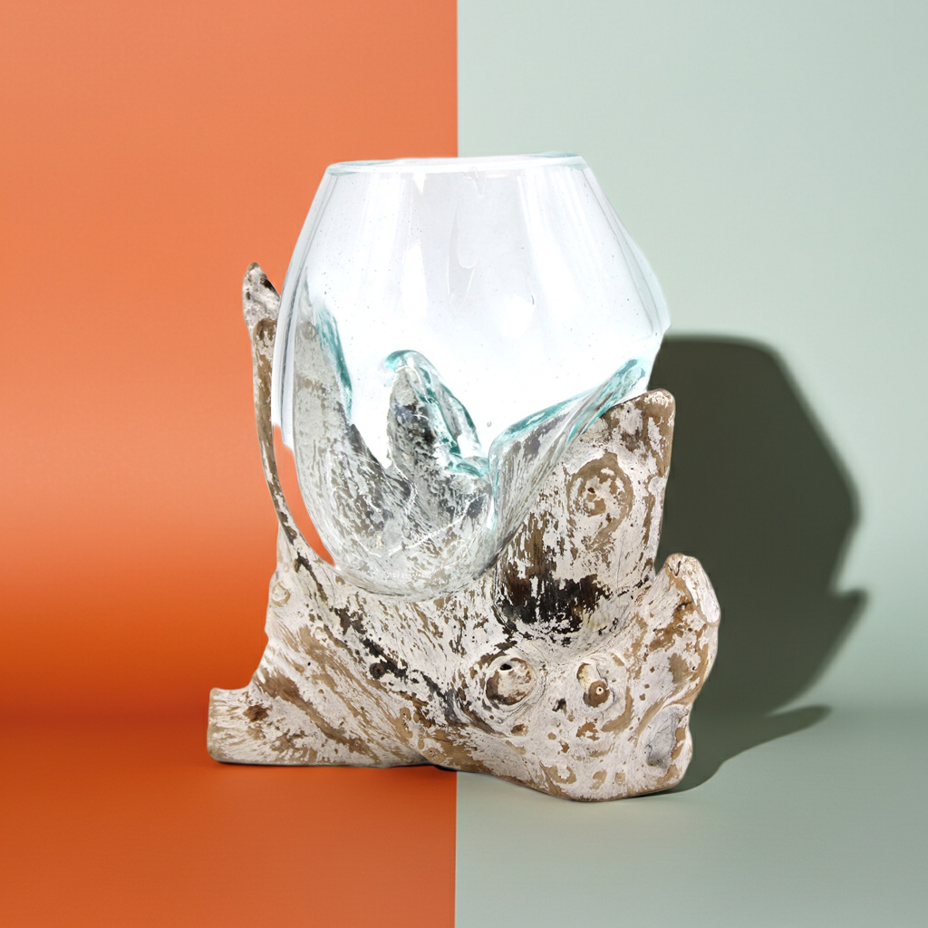 Molton Glass Medium Bowl On A Whitewashed Wooden Stand