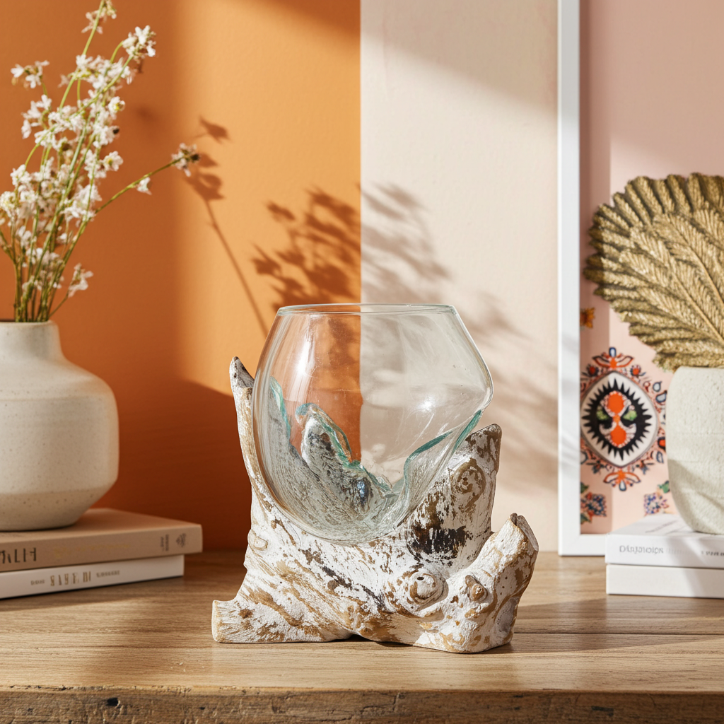 Molton Glass Medium Bowl On A Whitewashed Wooden Stand