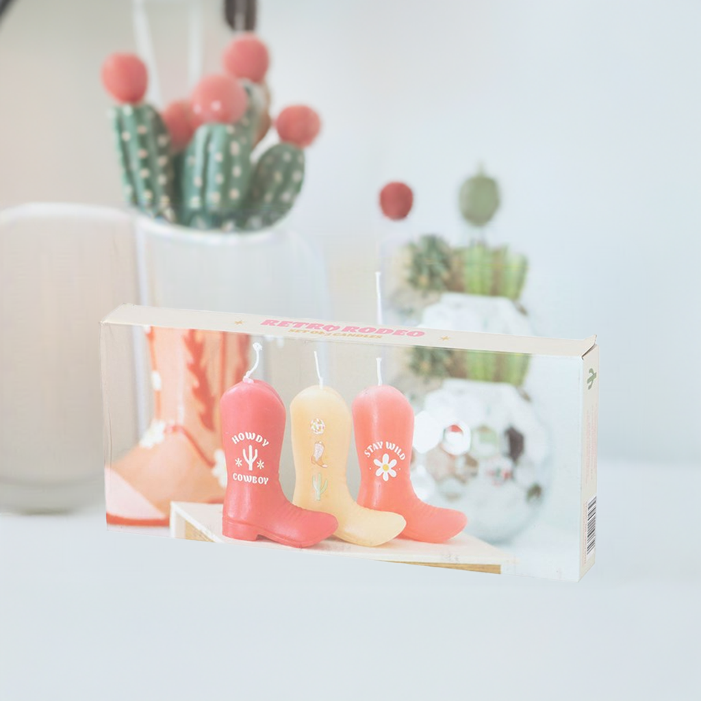 Howdy Cowboy Set of 3 Cowboy Boot Candles Pink Western Decor Unscented Paraffin Wax Novelty Candles with Fun Sayings, Drip-Style