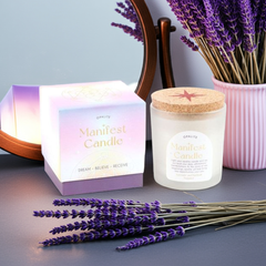 Opalite Crystal Candle – Lavender & Patchouli Scent – Manifestation Candle in Frosted Jar with Cork Lid, 25-Hour Burn Time