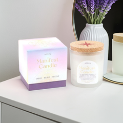 Opalite Crystal Candle – Lavender & Patchouli Scent – Manifestation Candle in Frosted Jar with Cork Lid, 25-Hour Burn Time