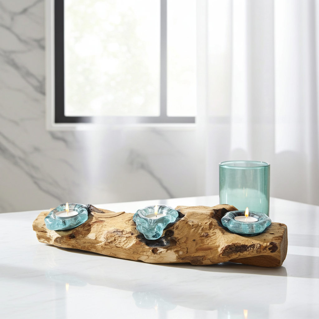 Molton Glass Flat Triple Candle Holder On Wood