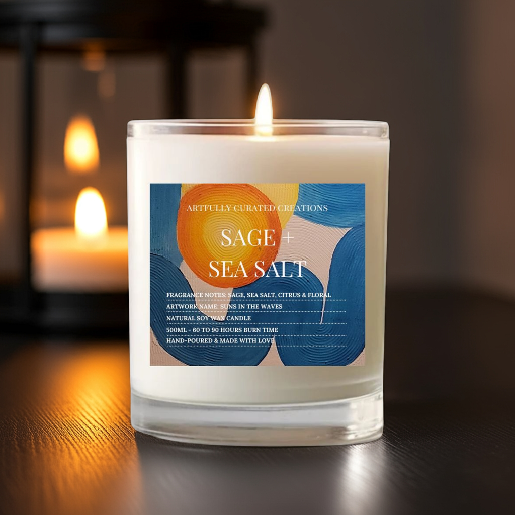 Art Candle Original Clay Artwork Scented Soy Wax in clear glass, Handmade Gift, Wedding Favour, Elegant Home Décor Candle, Luxury Party Bag