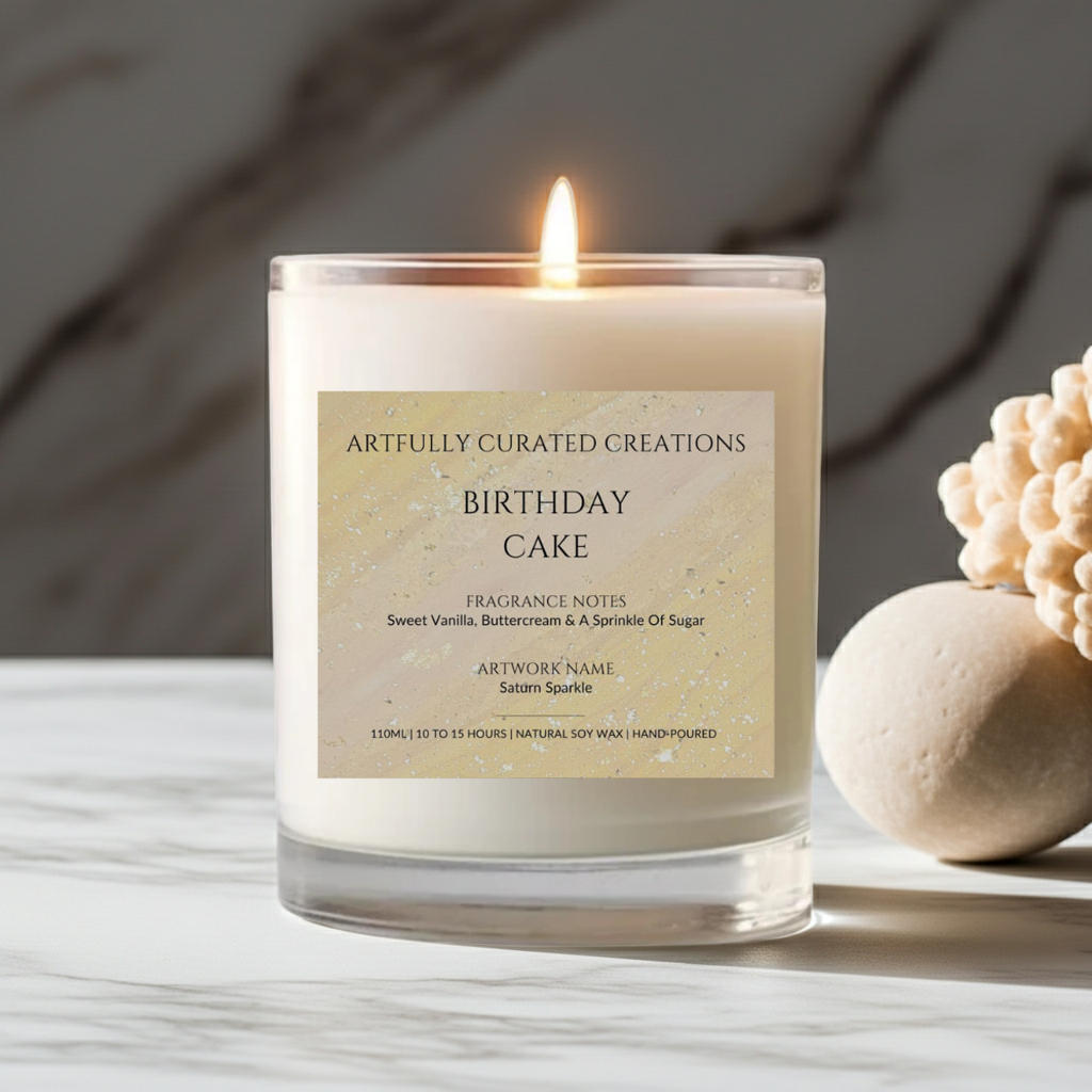 Art Candle Original Artwork Scented Soy Wax in clear glass | Handmade Gift | Wedding Favour | Elegant Home Décor | Luxury Party Bag - Artfully Curated Creations and identify whats in the image