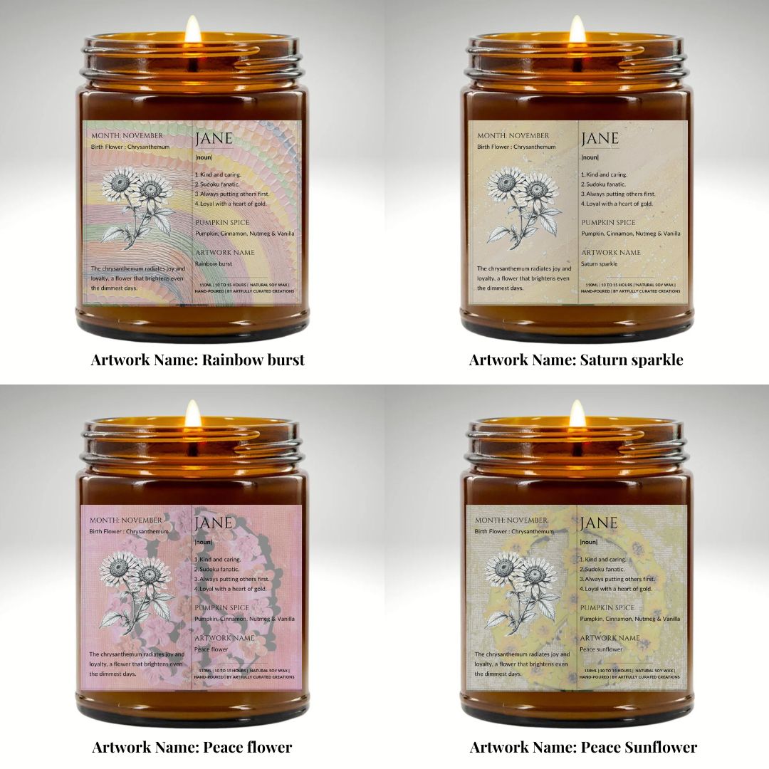 The Definition of you birth flower customisable scented artwork candle | Handmade | A personal gift - Artfully Curated Creations and identify whats in the image