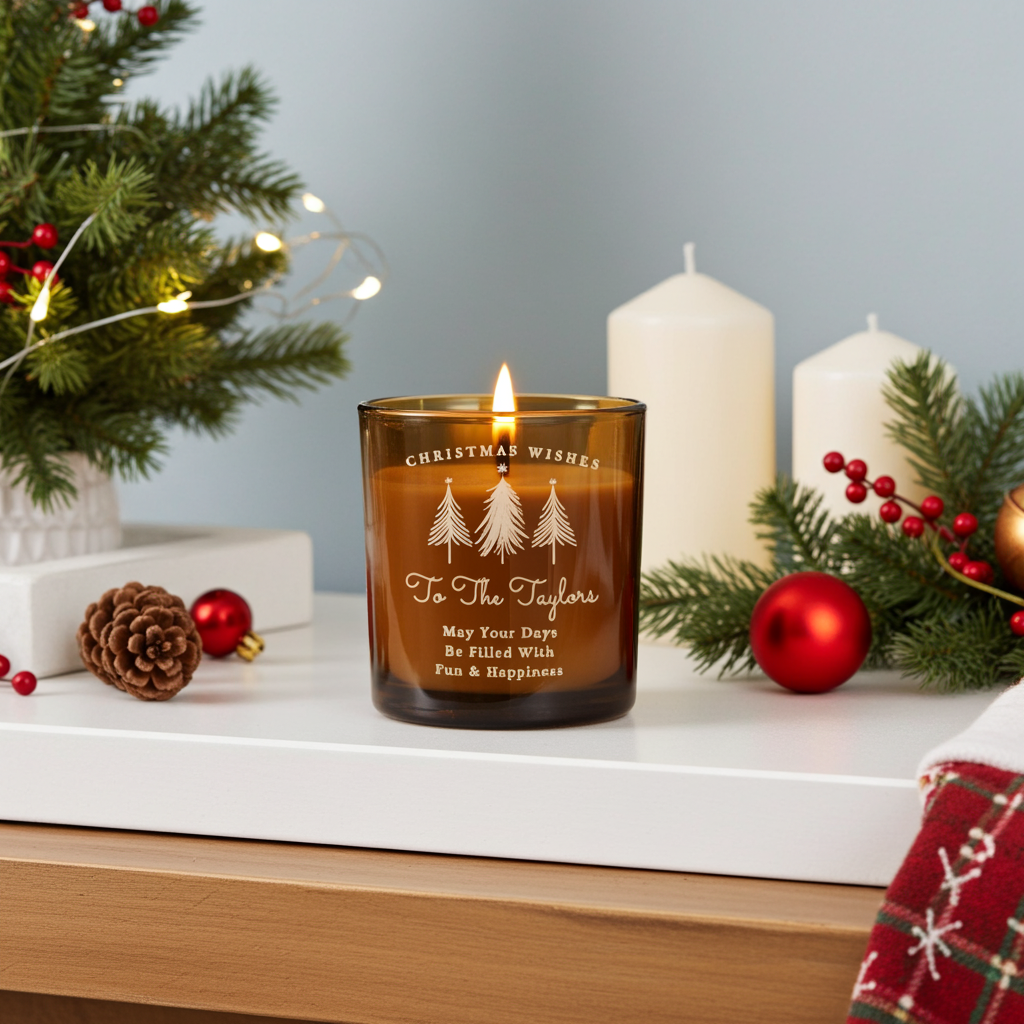 Personalised Amber Glass Vanilla Candle Jar | Custom Festive Keepsake Gift - Artfully Curated Creations and identify whats in the image