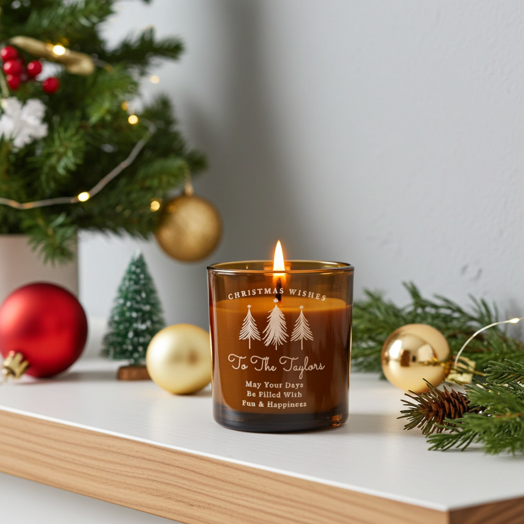 Personalised Amber Glass Vanilla Candle Jar | Custom Festive Keepsake Gift - Artfully Curated Creations and identify whats in the image