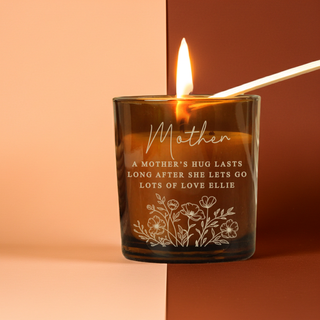 Personalised Floral Amber Glass Vanilla Candle Jar | Custom Message Gift for Any Occasion - Artfully Curated Creations and identify whats in the image