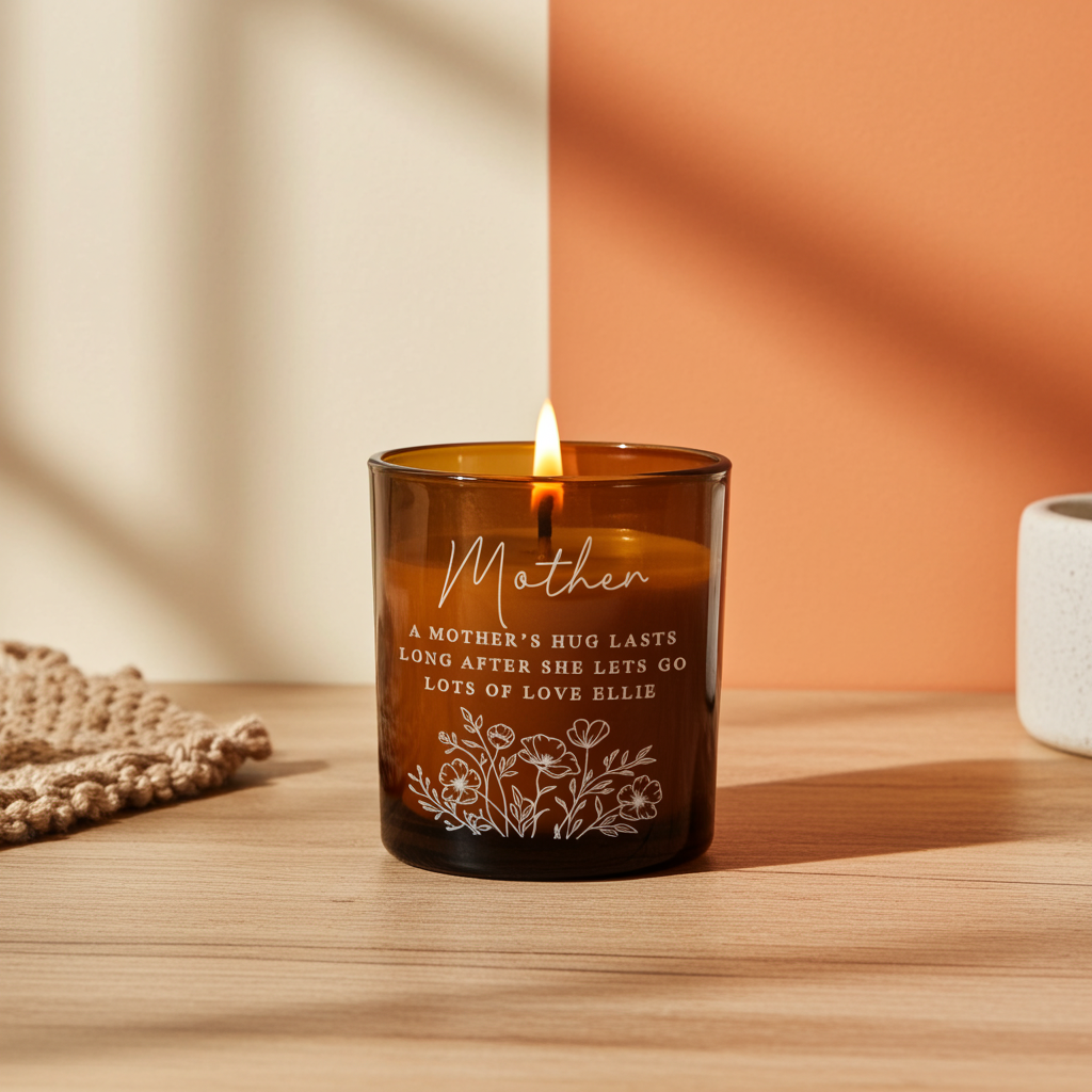 Personalised Floral Amber Glass Vanilla Candle Jar | Custom Message Gift for Any Occasion - Artfully Curated Creations and identify whats in the image