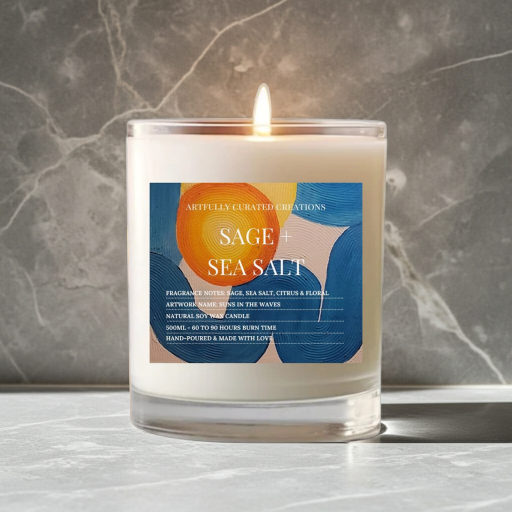 Art Candle Original Clay Artwork Scented Soy Wax in clear glass, Handmade Gift, Wedding Favour, Elegant Home Décor Candle, Luxury Party Bag - Artfully Curated Creations and identify whats in the image