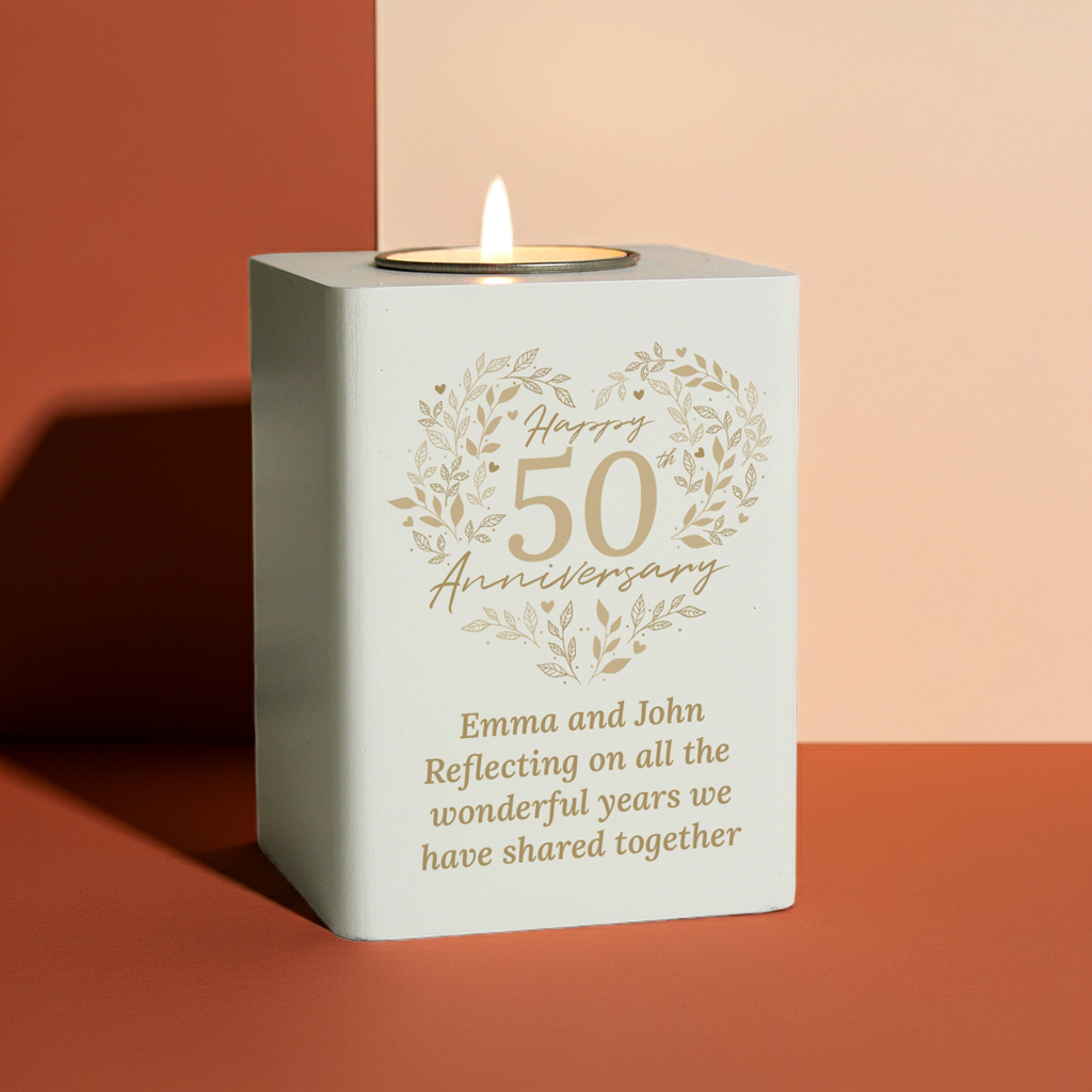 Personalised 50th Anniversary Tealight Holder | Golden Anniversary Keepsake - Artfully Curated Creations and identify whats in the image