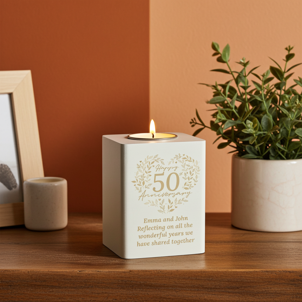 Personalised 50th Anniversary Tealight Holder | Golden Anniversary Keepsake - Artfully Curated Creations and identify whats in the image