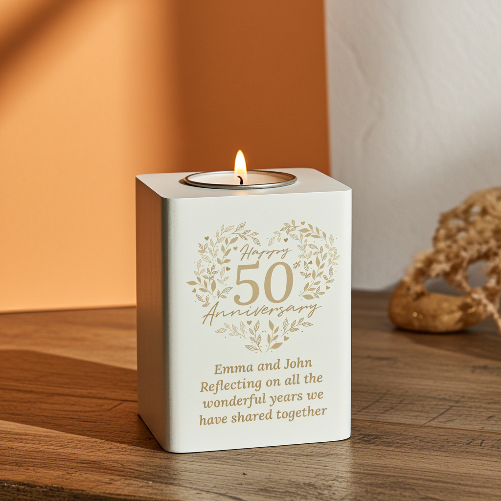 Personalised 50th Anniversary Tealight Holder | Golden Anniversary Keepsake - Artfully Curated Creations and identify whats in the image