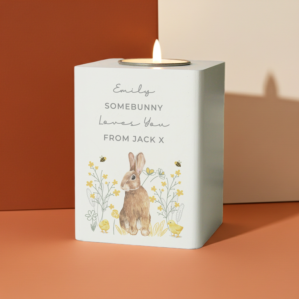 Personalised Spring Bunny Tealight Holder | Custom Wooden Spring Gift - Artfully Curated Creations and identify whats in the image