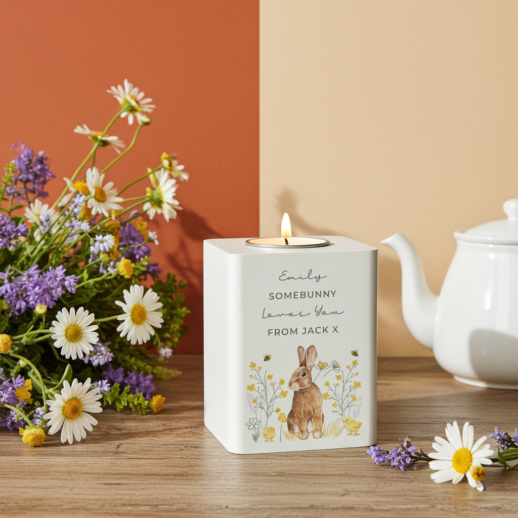 Personalised Spring Bunny Tealight Holder | Custom Wooden Spring Gift - Artfully Curated Creations and identify whats in the image