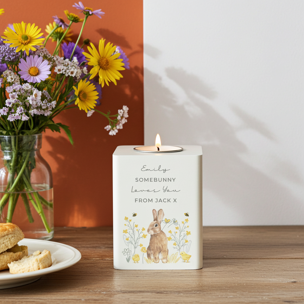 Personalised Spring Bunny Tealight Holder | Custom Wooden Spring Gift - Artfully Curated Creations and identify whats in the image