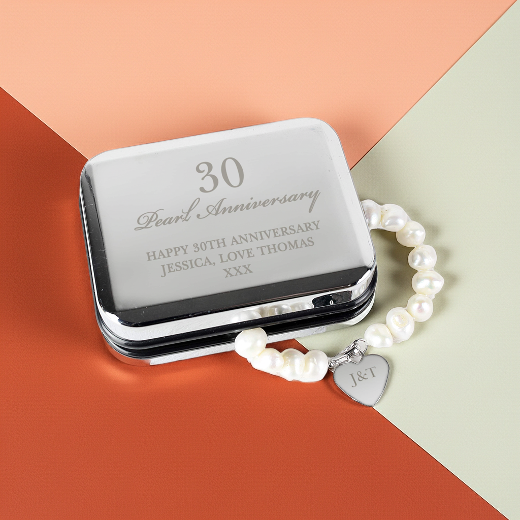 Personalised Pearl Bracelet | Engraved Chrome Gift Box for Anniversaries & Special Occasions - Artfully Curated Creations and identify whats in the image