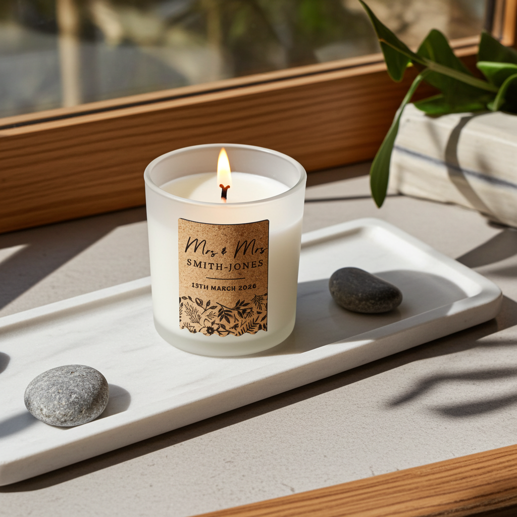 Personalised Wedding Cork Label Vanilla Candle |  Custom Keepsake Gift for Newlyweds - Artfully Curated Creations and identify whats in the image