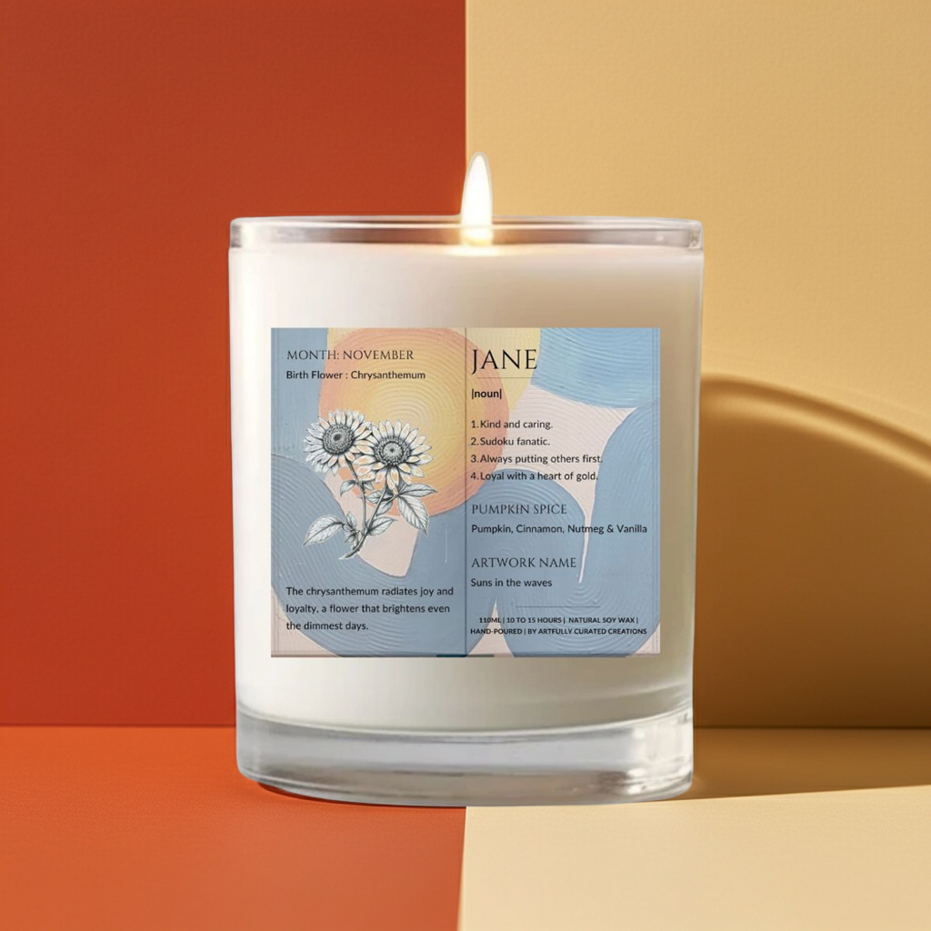 The Definition of you birth flower customisable scented artwork candle transparent Jar | Handmade | A personal gift