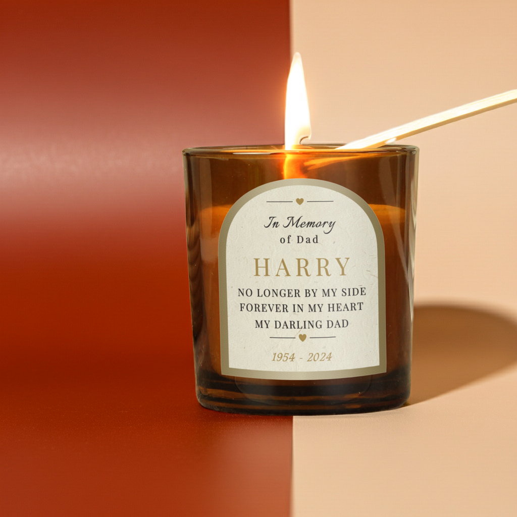 Personalised In Loving Memory Amber Glass Candle | A Comforting Memorial Keepsake - Artfully Curated Creations and identify whats in the image