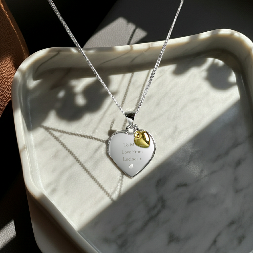 Personalised Sterling Silver & Gold Plated Diamond Heart Locket | Engraved Name & Photo Keepsake Necklace - Artfully Curated Creations and identify whats in the image