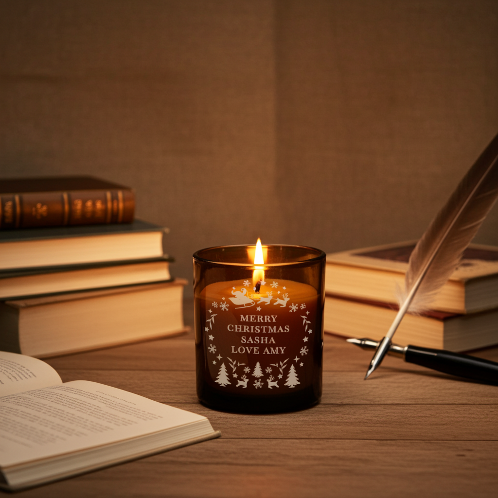 Personalised Amber Glass Vanilla Candle Jar | Custom Christmas Gift - Artfully Curated Creations and identify whats in the image