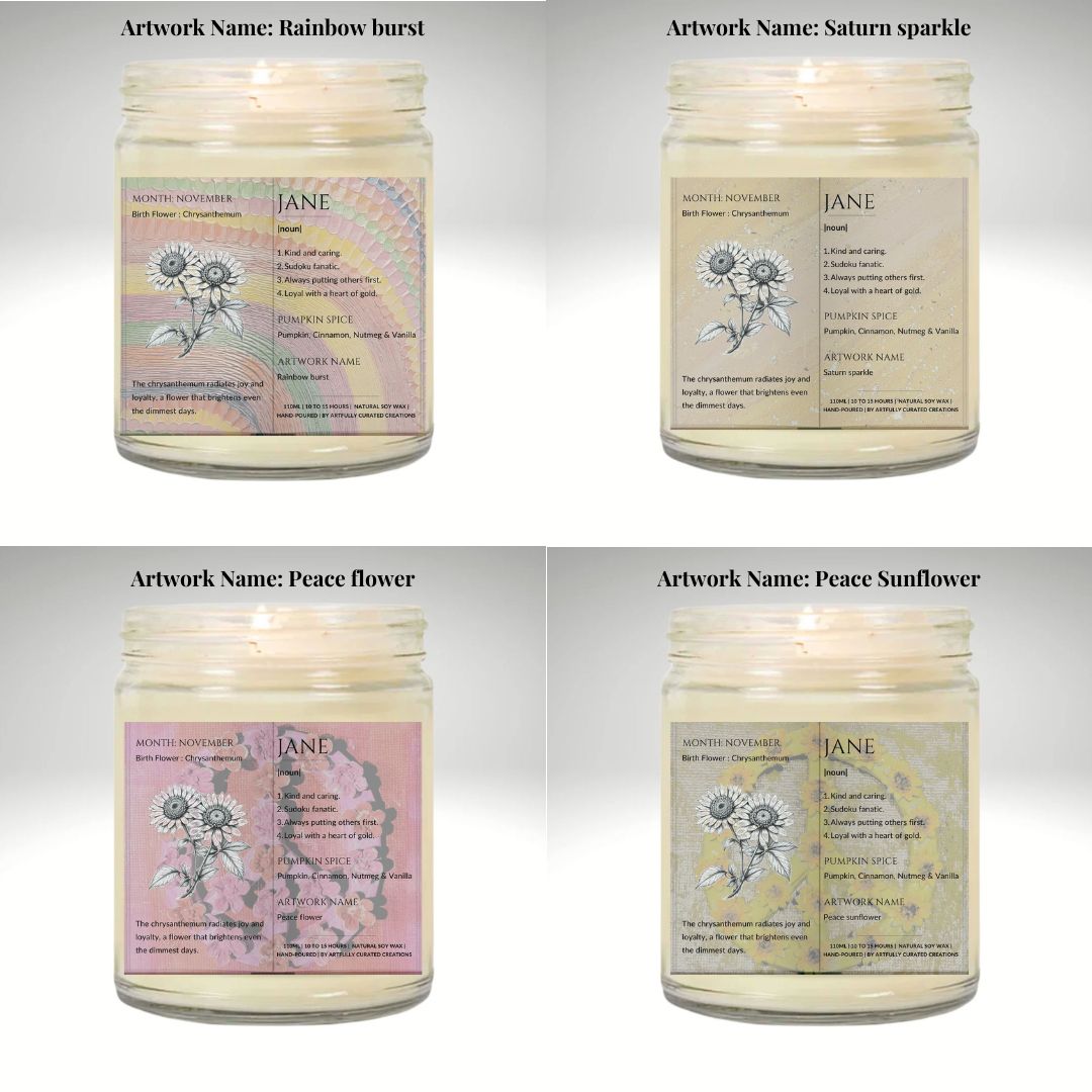 The Definition of you birth flower customisable scented artwork candle transparent jar with lid | Handmade | A personal gift - Artfully Curated Creations and identify whats in the image
