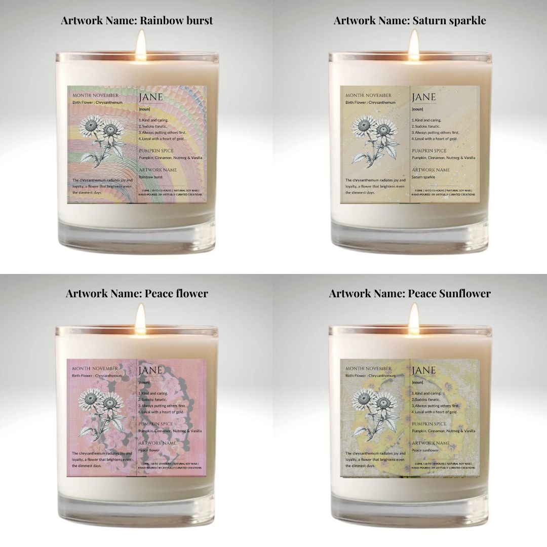 The Definition of you birth flower customisable scented artwork candle transparent Jar | Handmade | A personal gift - Artfully Curated Creations and identify whats in the image