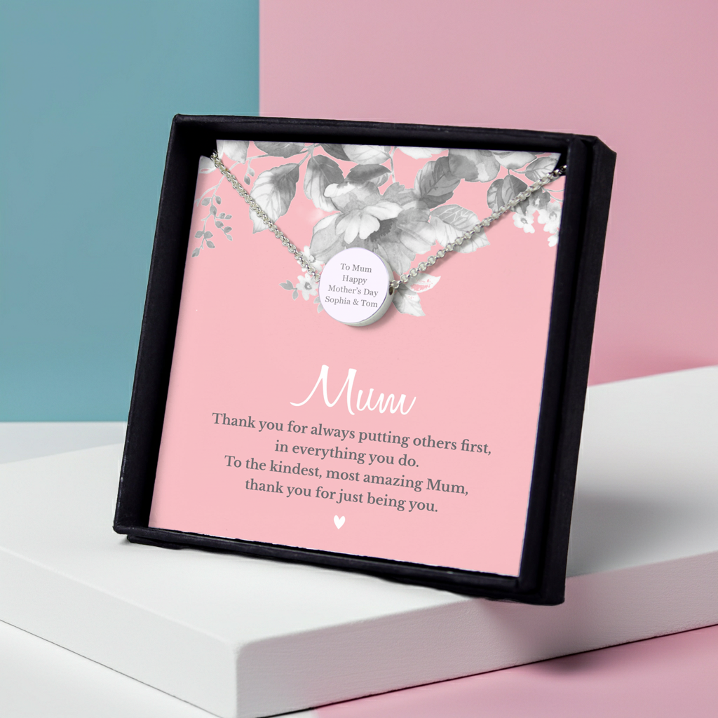 Personalised Silver Tone Necklace | ‘Mum’ Sentiment Gift Box for Mother’s Day & Special Occasions - Artfully Curated Creations and identify whats in the image