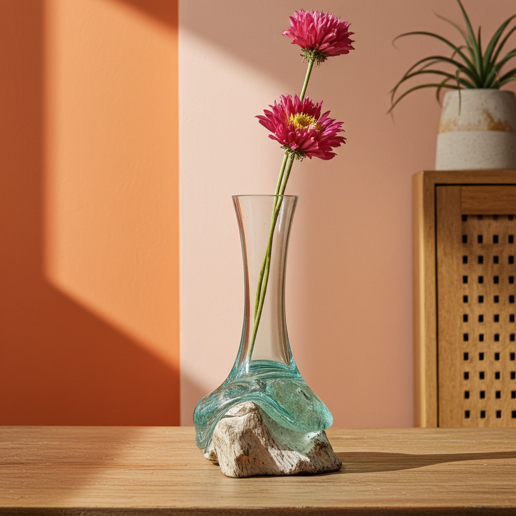 Molton Glass Medium Vase On A Whitewashed Wooden Stand