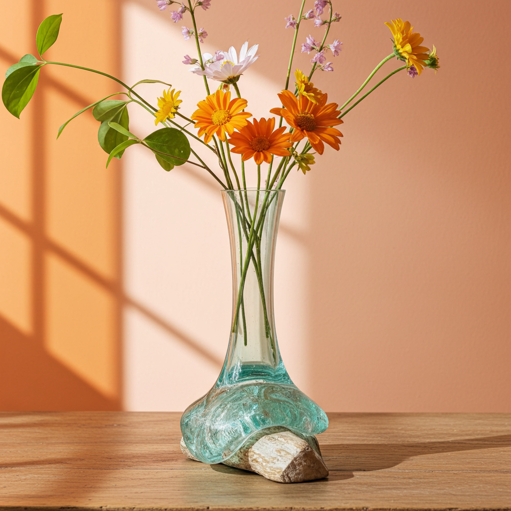 Molton Glass Medium Vase On A Whitewashed Wooden Stand