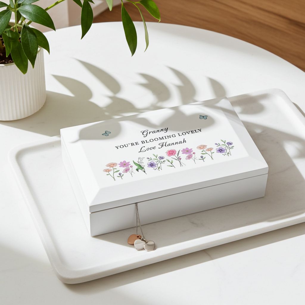 Personalised Wildflower White Wooden Jewellery Box | A Beautiful Keepsake for Cherished Treasures - Artfully Curated Creations and identify whats in the image