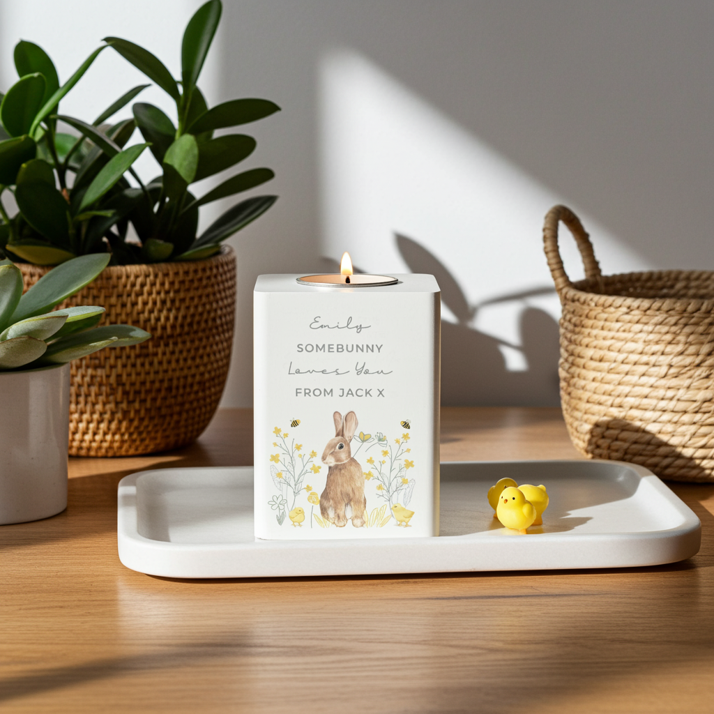 Personalised Spring Bunny Tealight Holder | Custom Wooden Spring Gift - Artfully Curated Creations and identify whats in the image
