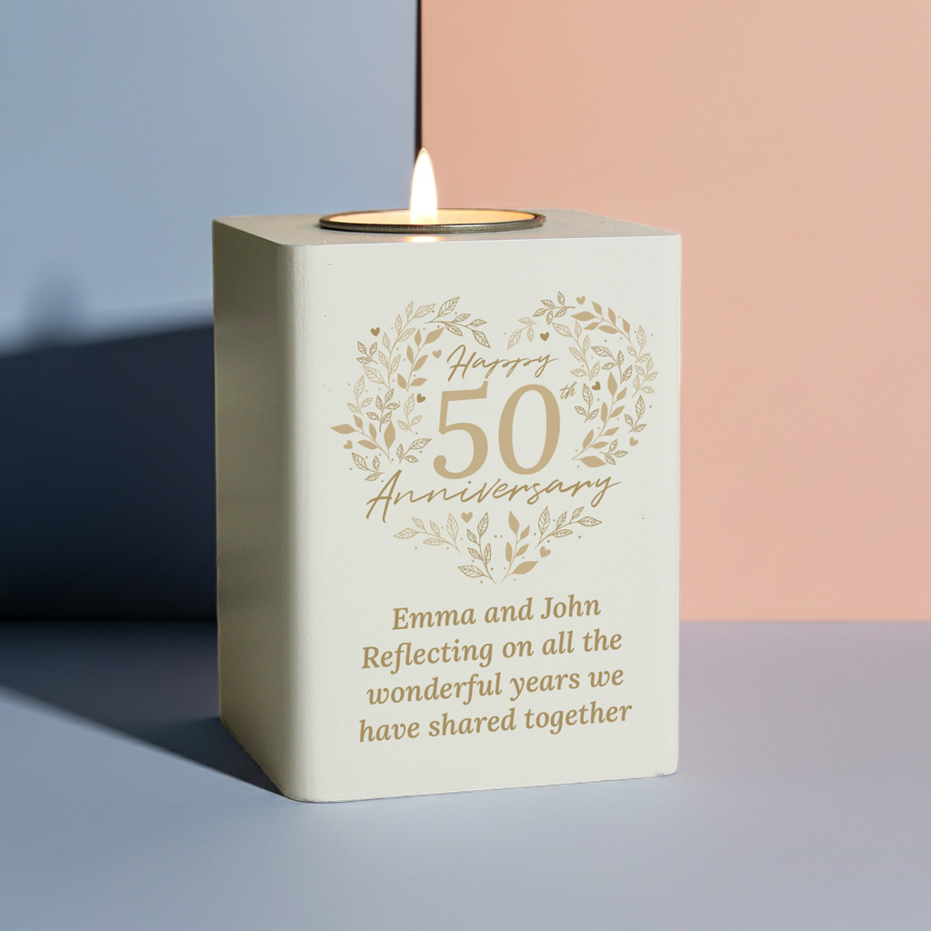 Personalised 50th Anniversary Tealight Holder | Golden Anniversary Keepsake - Artfully Curated Creations and identify whats in the image