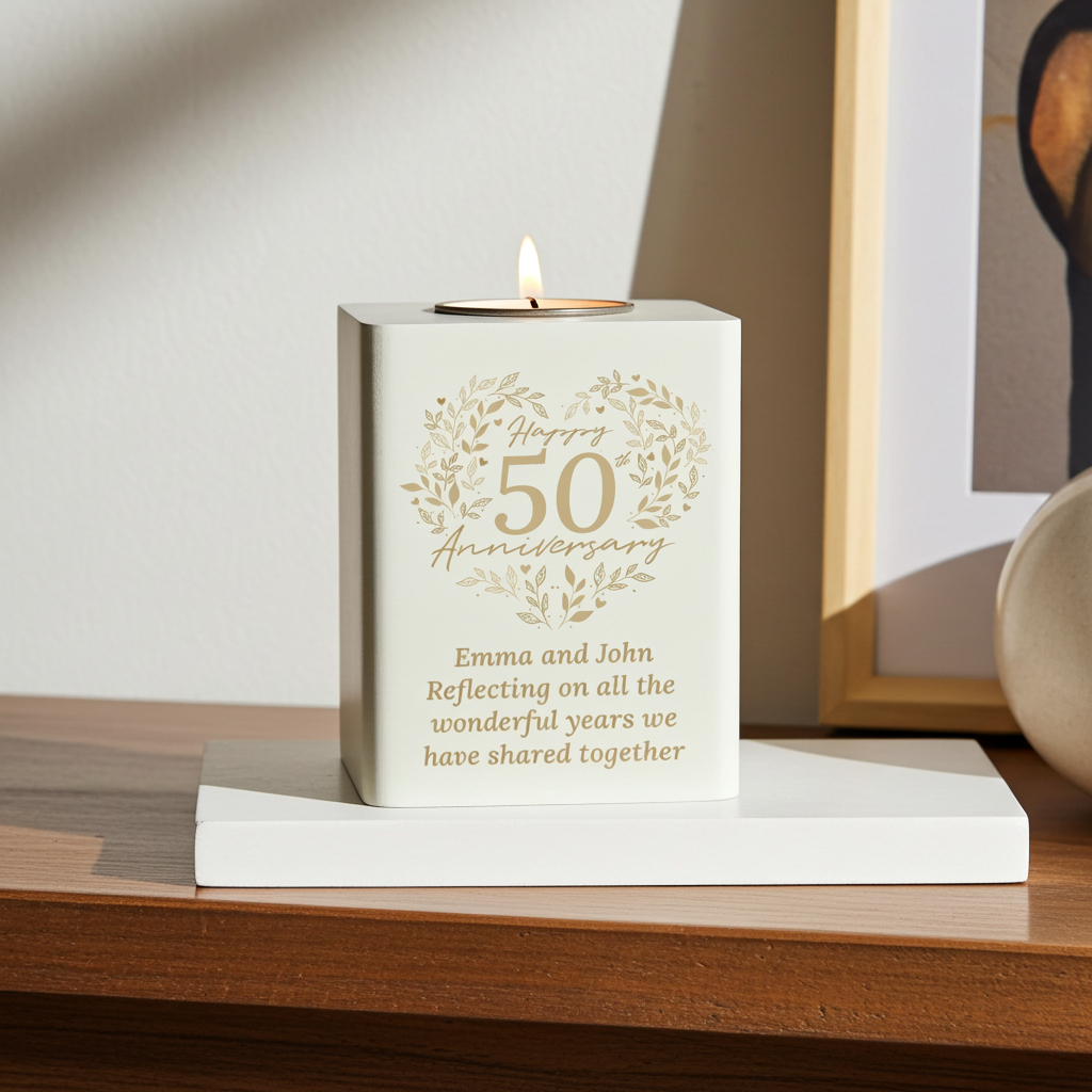 Personalised 50th Anniversary Tealight Holder | Golden Anniversary Keepsake - Artfully Curated Creations and identify whats in the image