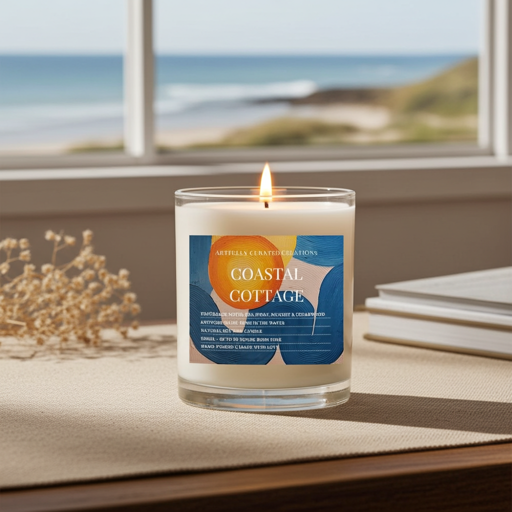 A lit candle in a clear glass jar sits on a wooden table beside dried flowers, with a beach scene visible through a window behind it. The label reads Coastal Cottage.