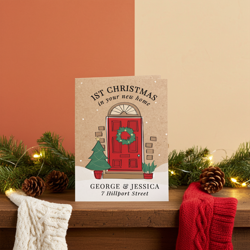 Personalised 1st Christmas in Your New Home Card | A Beautiful Way to Celebrate a Special Milestone - Artfully Curated Creations and identify whats in the image