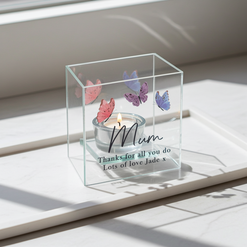 Personalised Butterfly Glass Tea Light Holder | Custom Message Gift for Mother’s Day & Birthdays - Artfully Curated Creations and identify whats in the image