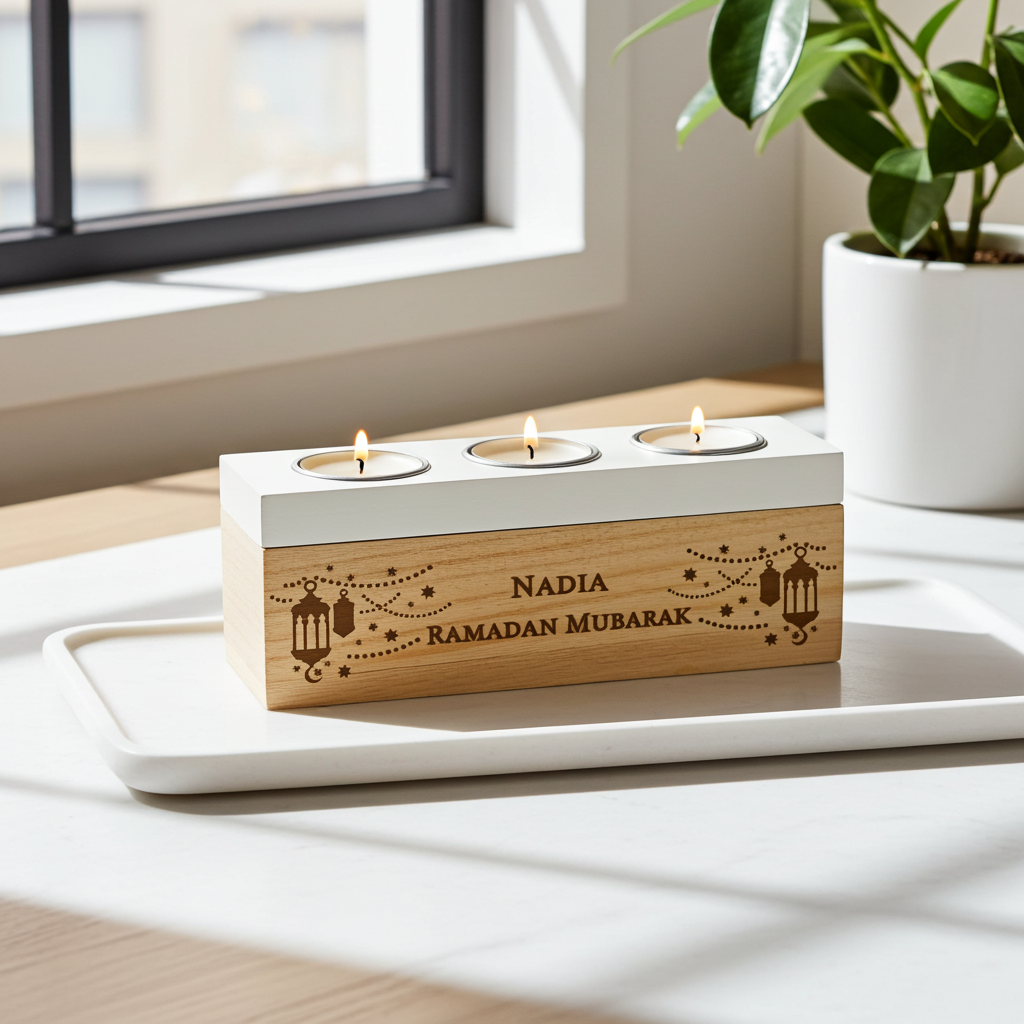 Personalised Triple Tealight Holder | Ramadan & Eid Gift - Artfully Curated Creations and identify whats in the image