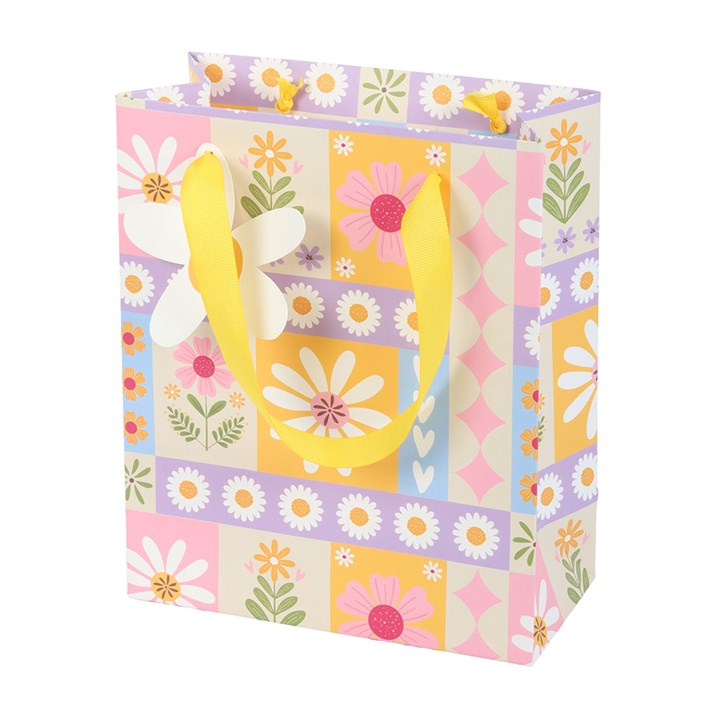 Floral Patchwork Gift Bag | 23cm Spring Paper Gift Bag | Daisy Tag & Ribbon Handles | Easter & Birthday Gift Packaging