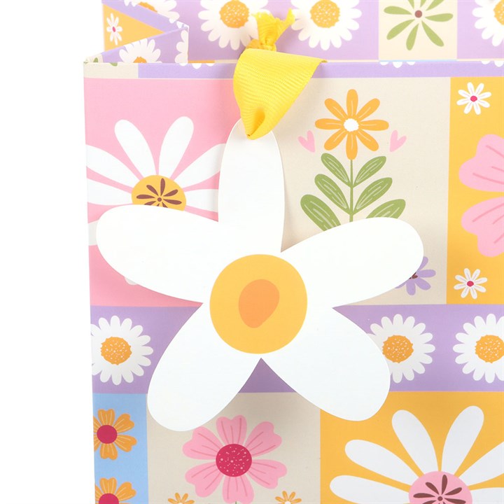 Floral Patchwork Gift Bag | 23cm Spring Paper Gift Bag | Daisy Tag & Ribbon Handles | Easter & Birthday Gift Packaging