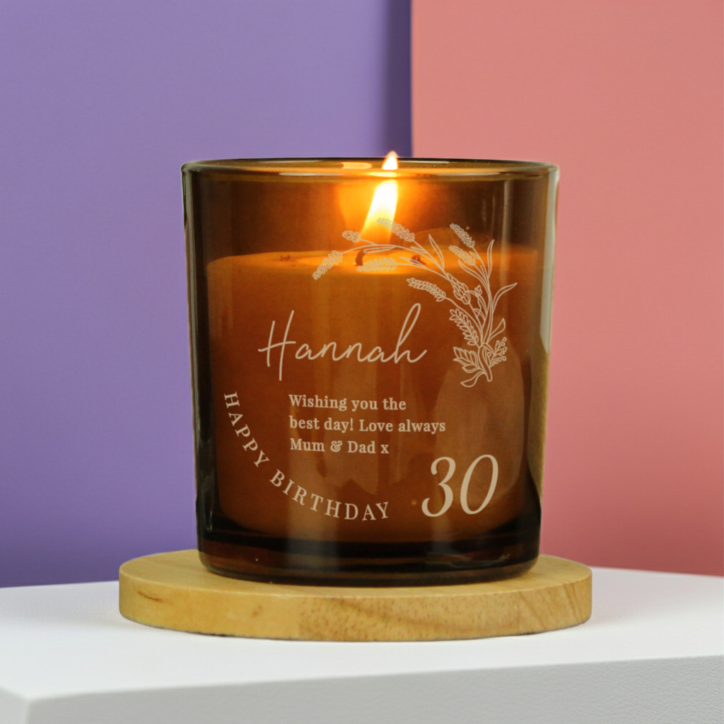 Personalised Amber Glass Vanilla Candle Jar | Birthday Keepsake Gift - Artfully Curated Creations and identify whats in the image