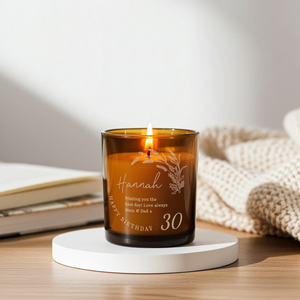 Personalised Amber Glass Vanilla Candle Jar | Birthday Keepsake Gift - Artfully Curated Creations and identify whats in the image