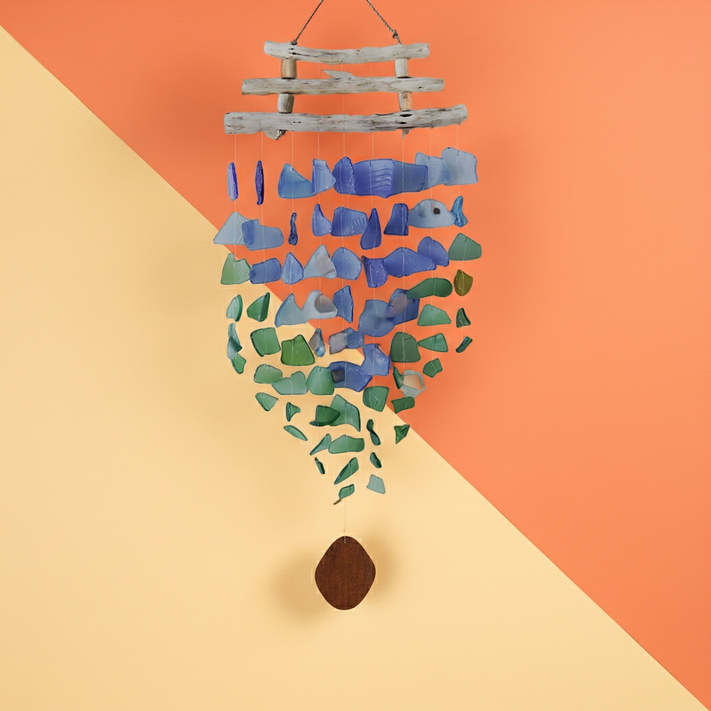 Recycled Glass Three Stick Wind Chimes - Blue & Green