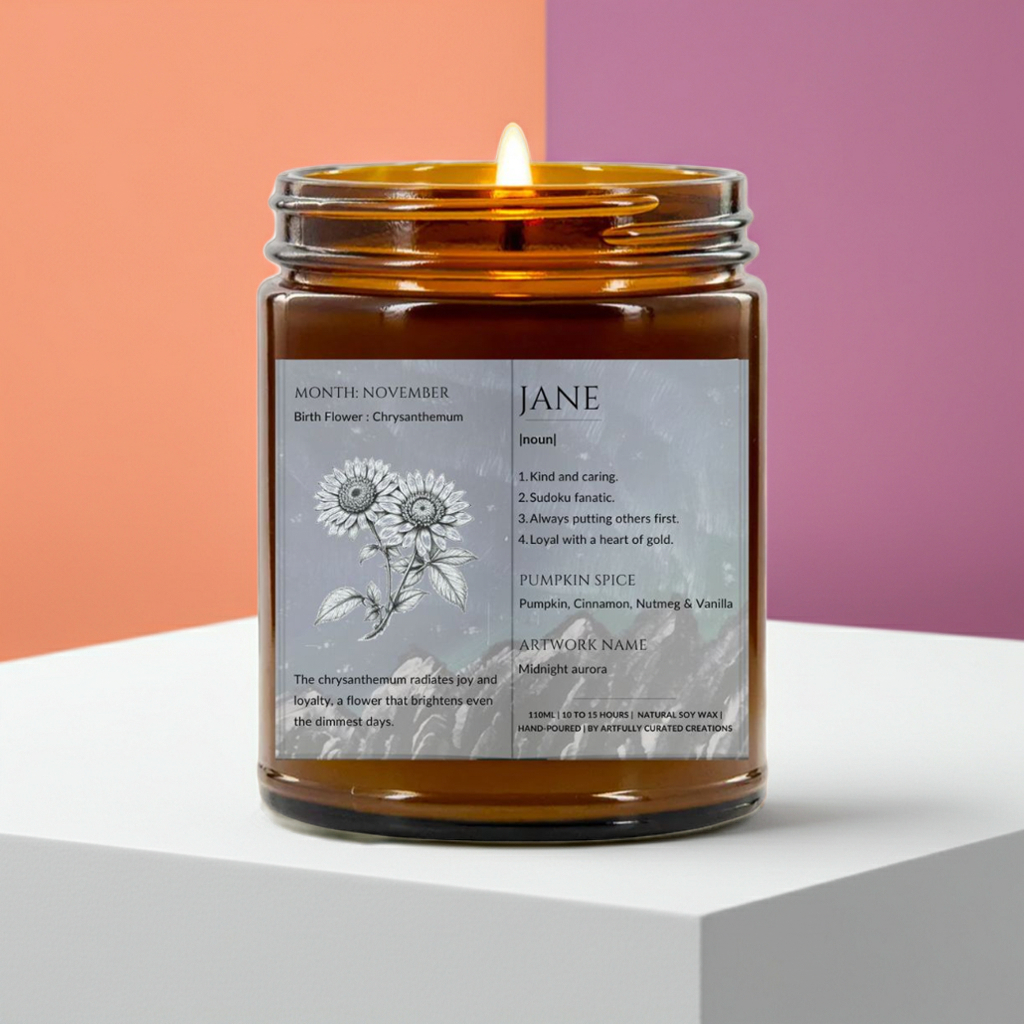 The Definition of you birth flower customisable scented artwork candle | Handmade | A personal gift - Artfully Curated Creations and identify whats in the image