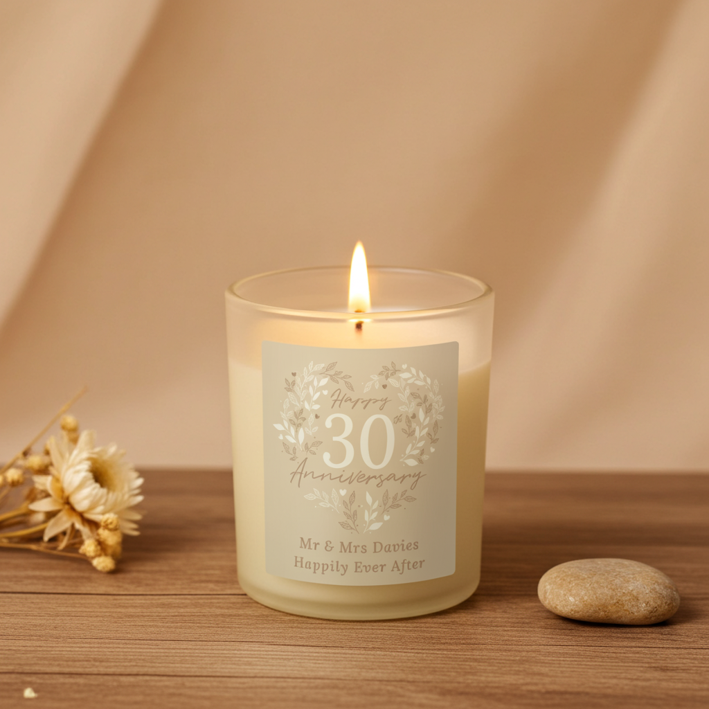 Personalised 30th Anniversary Vanilla Candle Jar | Pearl Anniversary Keepsake - Artfully Curated Creations and identify whats in the image