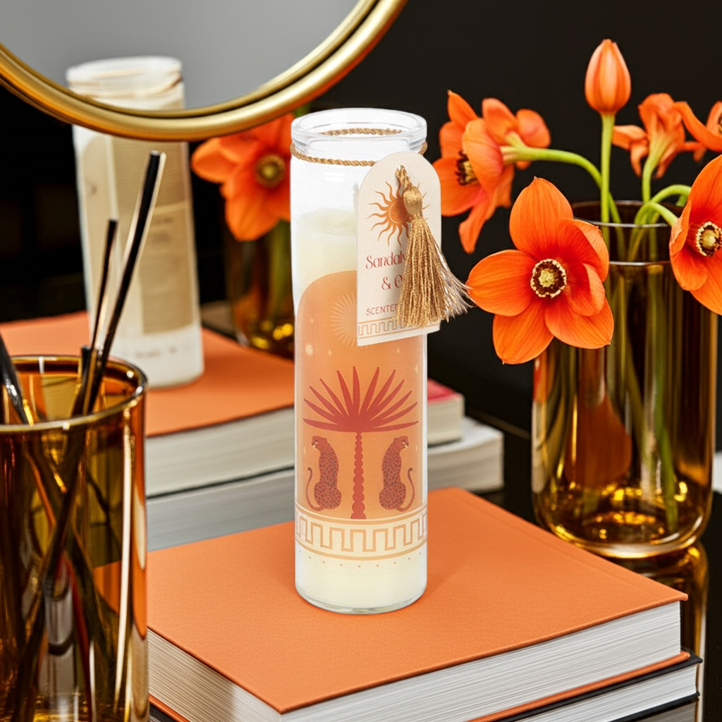 Sandalwood & Oud Leopard Print Candle 50-Hour Tube Candle in Stylish Abstract Jar Vegan Wax, Cosy Luxury Scent