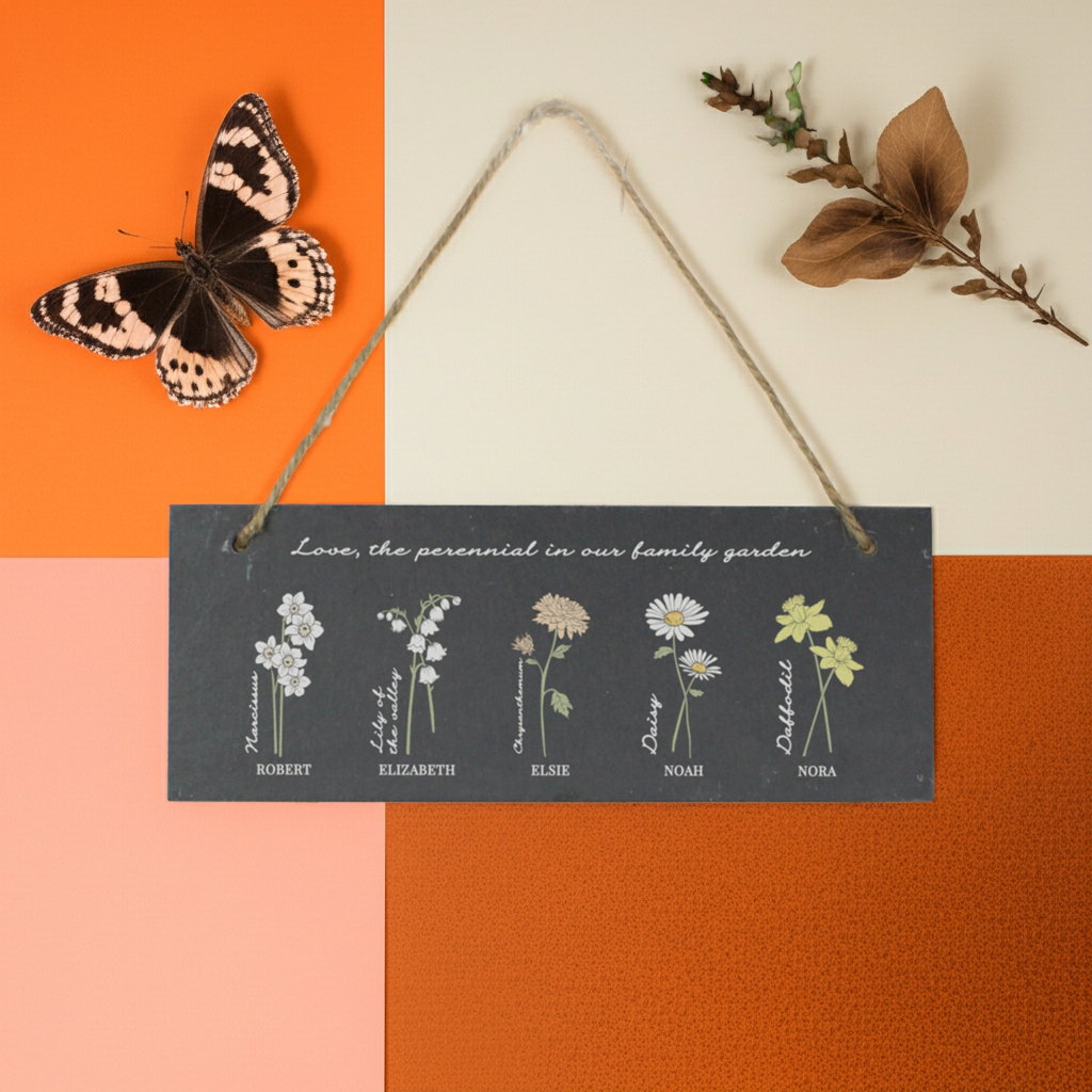 Decorative sign with floral illustrations and text on a colorful background with a butterfly and branch.