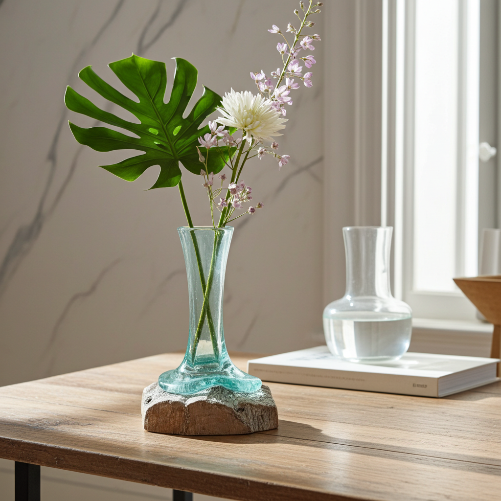 Molton Glass Small Vase On A Whitewashed Wooden Stand